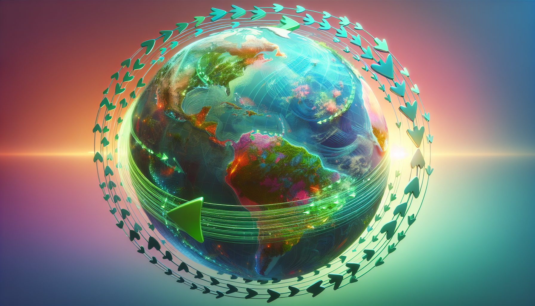 Ilustración del planeta Tierra con flechas verdes. Concepto de sostenibilidad y nearshoring en Inmobiliare Summits, LATAM.