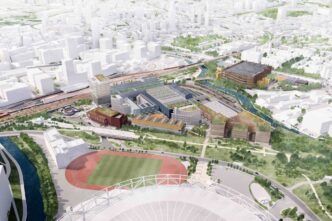 venue/architecture
Vista aérea de render arquitectónico de un nuevo desarrollo urbano. Diseño moderno con áreas verdes. Inmobiliare Summits. Conferencia de real estate.