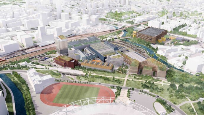 venue/architecture
Vista aérea de render arquitectónico de un nuevo desarrollo urbano. Diseño moderno con áreas verdes. Inmobiliare Summits. Conferencia de real estate.