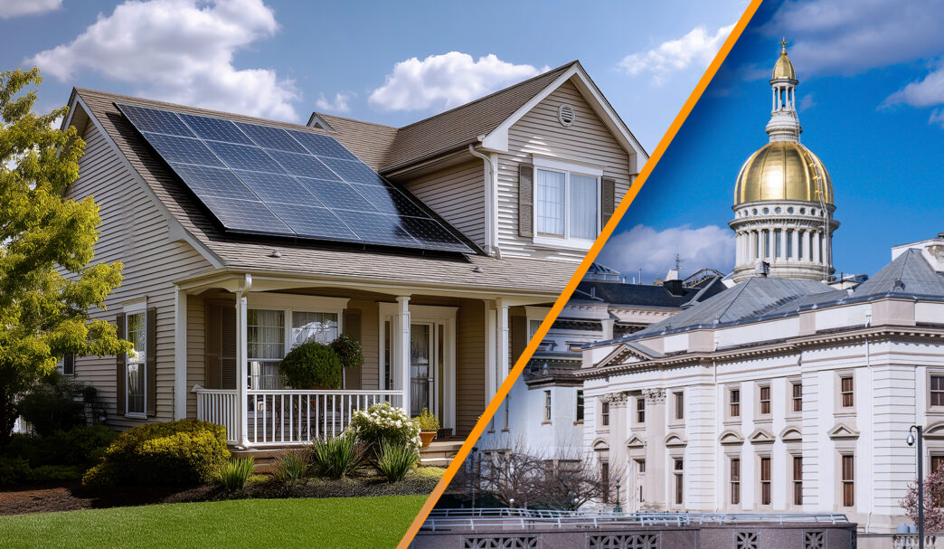 Impulso solar en Nueva Jersey: Casa con paneles solares y el Capitolio, destacando la eficiencia energética y el almacenamiento solar en el estado.