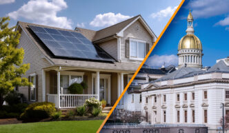 Impulso solar en Nueva Jersey: Casa con paneles solares y el Capitolio, destacando la eficiencia energética y el almacenamiento solar en el estado.