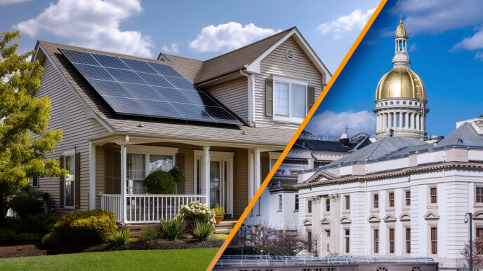 Impulso solar en Nueva Jersey: Casa con paneles solares y el Capitolio, destacando la eficiencia energética y el almacenamiento solar en el estado.