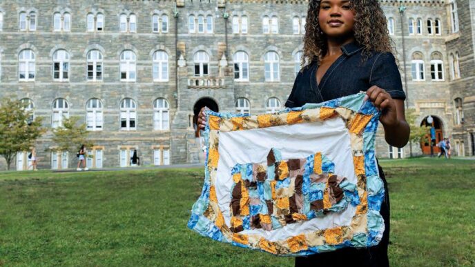 Category: city/destination

Una persona sostiene una obra de arte textil frente a un edificio histórico. Destino cultural y artístico en la ciudad.