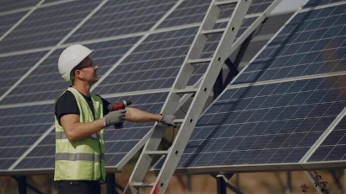 Instalador con casco ajustando paneles solares para construcción eficiente energéticamente. Escalera y herramientas visibles. NJBPU impulsa la energía solar.