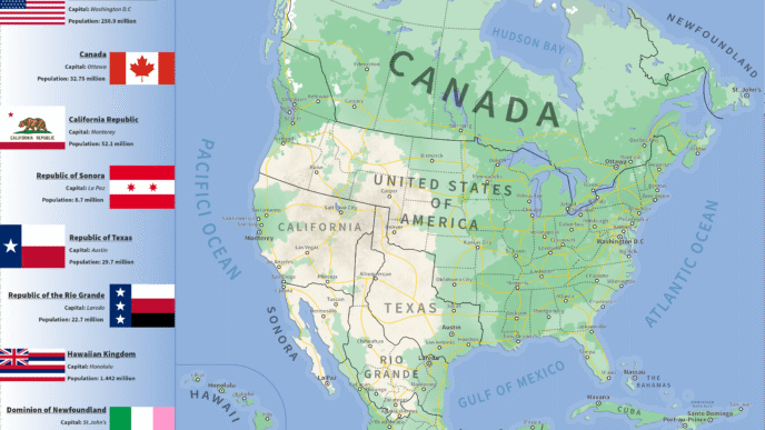 Mapa de Norteamérica con divisiones políticas históricas. Inmobiliare Summits destaca el crecimiento en México y LATAM.