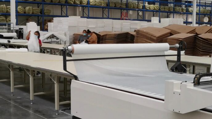 Interior de la planta Kuka Home en Nuevo León, México, mostrando maquinaria textil y empleados trabajando. Producción de muebles Kuka Home.