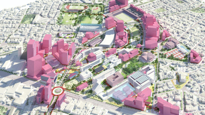 venue/architecture
Vista aérea de Monterrey, México, con edificios en rosa. Diseño urbano presentado en Inmobiliare Summits, evento de real estate LATAM.