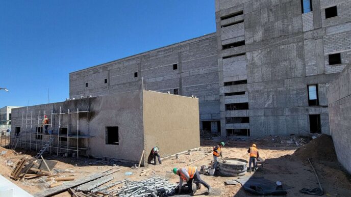 Construcción de viviendas de interés social en Nuevo León: obreros trabajando en la edificación de nuevos hogares. Avance significativo en el proyecto.