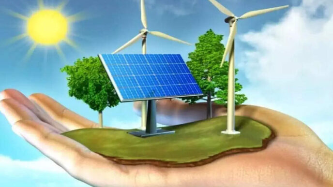 Mano sosteniendo panel solar y turbinas eólicas. Nuevo marco para energía renovable en Uttar Pradesh impulsa la sostenibilidad con energías limpias.