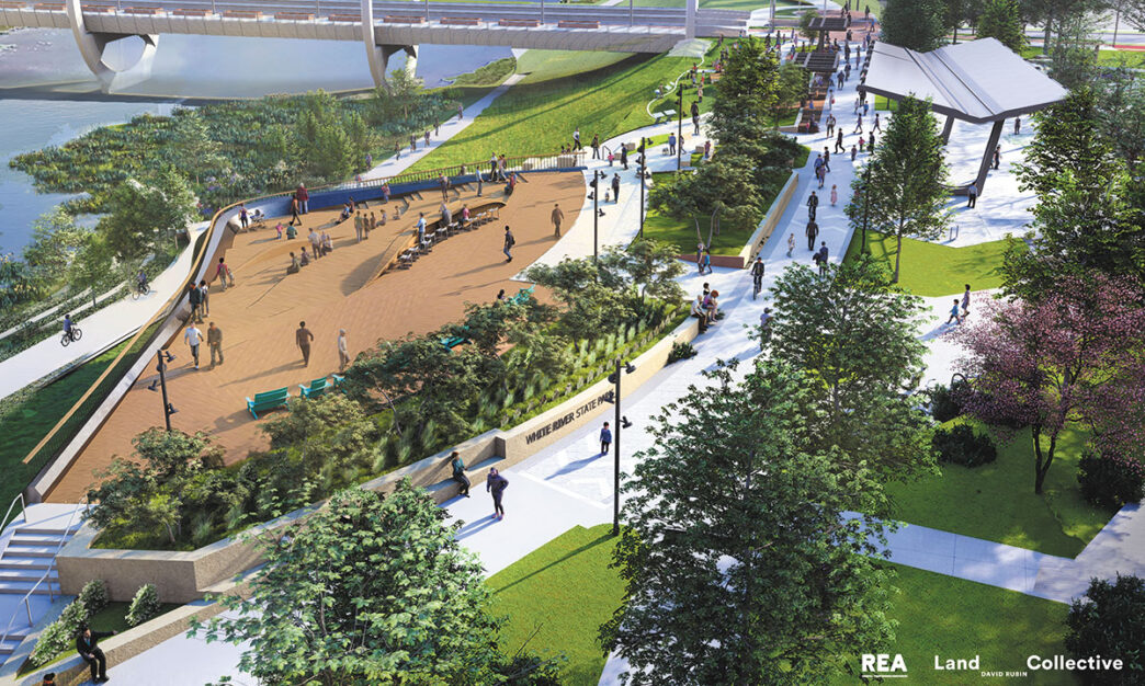 Ilustración de propiedades fluviales con personas disfrutando del parque y del río. Nuevo programa de financiamiento amplía el acceso a estos espacios.