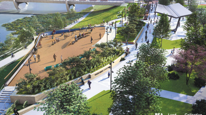 Ilustración de propiedades fluviales con personas disfrutando del parque y del río. Nuevo programa de financiamiento amplía el acceso a estos espacios.