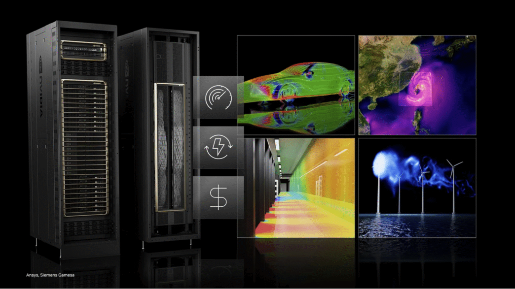 NVIDIA Blueprints muestra transformación digital con IA en data centers. Visualizaciones de simulaciones computacionales y racks de servidores.