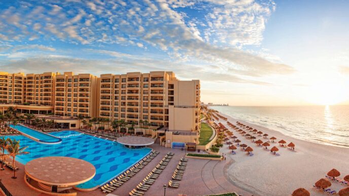 Vista aérea de hotel de lujo en México con piscina y playa. Anticipa ocupación del 68.1% en fin de semana largo de noviembre. ¡Reserva ahora!