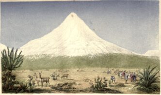 city/destination

Paisaje histórico de México con el volcán Popocatépetl nevado y personas en primer plano. Impresión antigua de la ciudad.