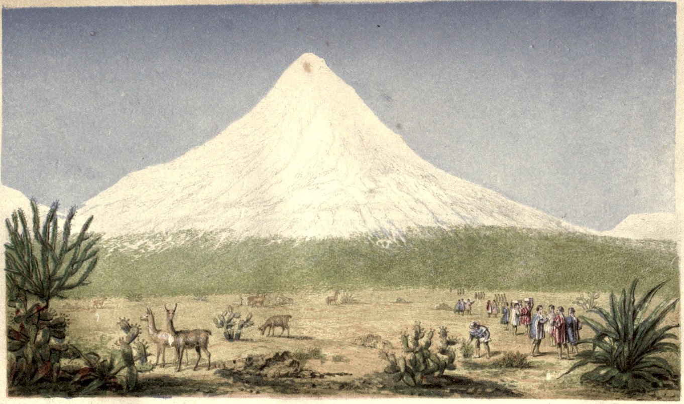 city/destination

Paisaje histórico de México con el volcán Popocatépetl nevado y personas en primer plano. Impresión antigua de la ciudad.