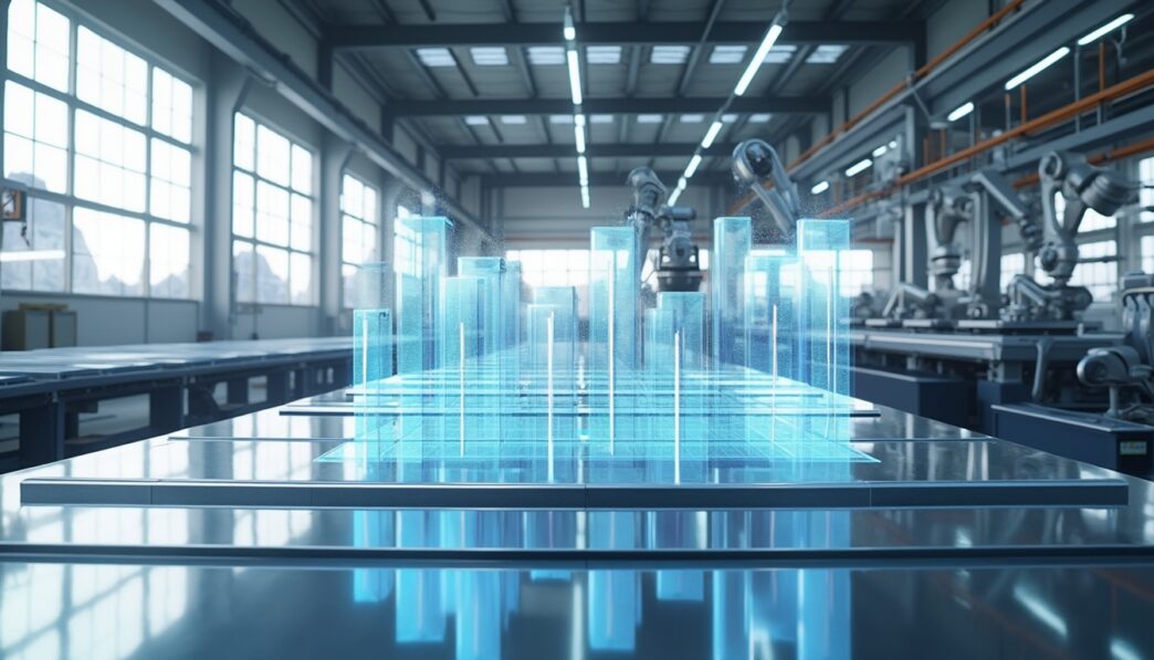 Sponsors/branding.

Visualización futurista de fábrica con robots y gráficos. Innovación tecnológica en Inmobiliare Summits. Soluciones para el sector inmobiliario en México.