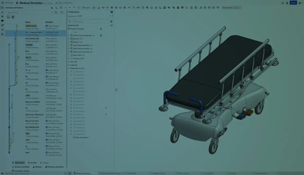 CAD Onshape muestra diseño IA de camilla médica, con historial de versiones y configuraciones. Innovación y tecnología en ingeniería sanitaria.