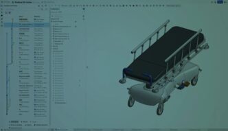 CAD Onshape muestra diseño IA de camilla médica, con historial de versiones y configuraciones. Innovación y tecnología en ingeniería sanitaria.