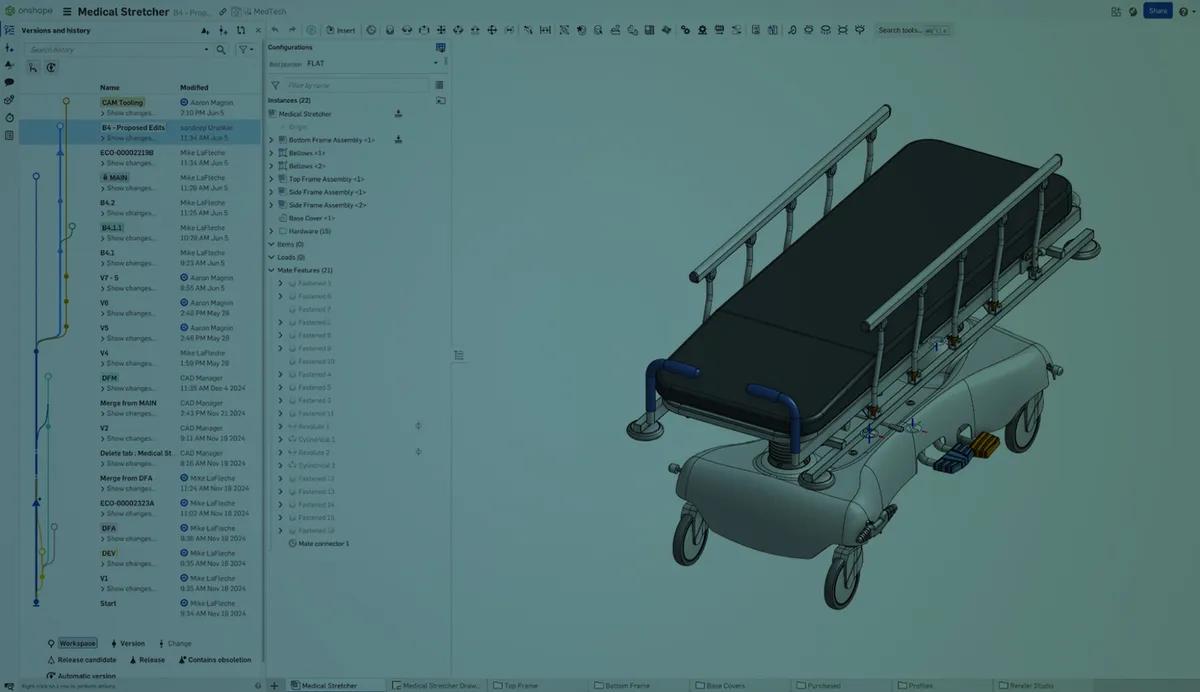 CAD Onshape muestra diseño IA de camilla médica, con historial de versiones y configuraciones. Innovación y tecnología en ingeniería sanitaria.