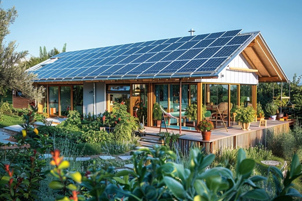 Casa moderna con paneles solares en el tejado, rodeada de vegetación. Energía limpia para el real estate, arquitectura sostenible y ecoeficiente.