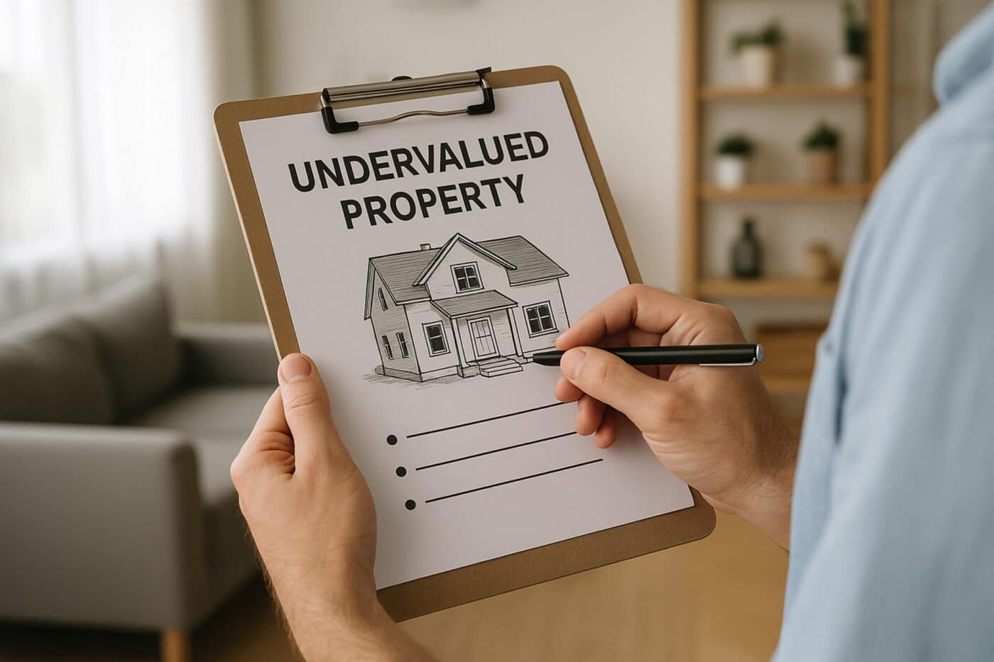 Real estate.

Persona anota en portapapeles Propiedad infravalorada con dibujo de casa. Oportunidades de inversión en bienes raíces.