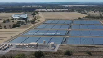 Vista aérea de la optimización de energía para hidrógeno verde en Australia: planta de hidrógeno, granja solar y Wathagar Cotton Gin.