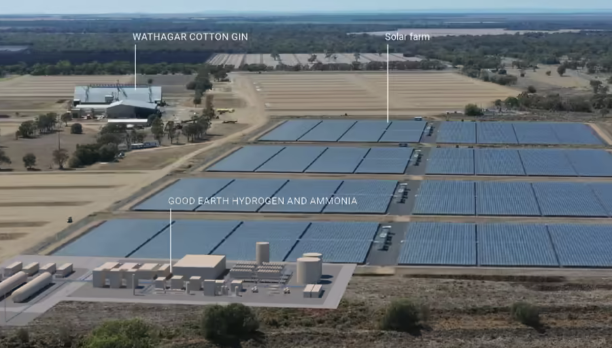Vista aérea de la optimización de energía para hidrógeno verde en Australia: planta de hidrógeno, granja solar y Wathagar Cotton Gin.