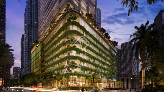 ORA by Casa Tua en Brickell: Edificio moderno con vegetación exuberante. Diseño innovador para una nueva forma de vida en Miami. Lujo y naturaleza.