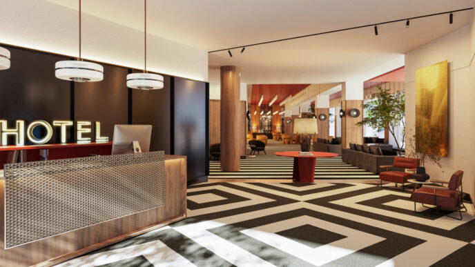 Recepción moderna de hotel gestionado por Panoram Hotel Management y Borealis Hotel Group en España. Diseño elegante con iluminación llamativa y estilo único.