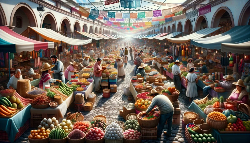 Venue/architecture.

Mercado vibrante en México. Puestos coloridos ofrecen frutas y verduras frescas. Ambiente festivo y cultural en un espacio arquitectónico tradicional.