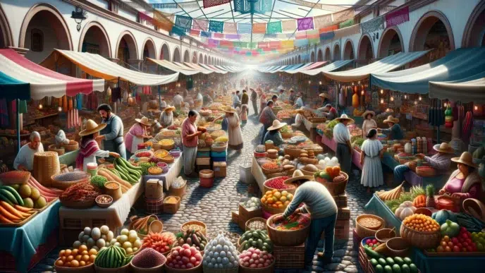Venue/architecture.

Mercado vibrante en México. Puestos coloridos ofrecen frutas y verduras frescas. Ambiente festivo y cultural en un espacio arquitectónico tradicional.