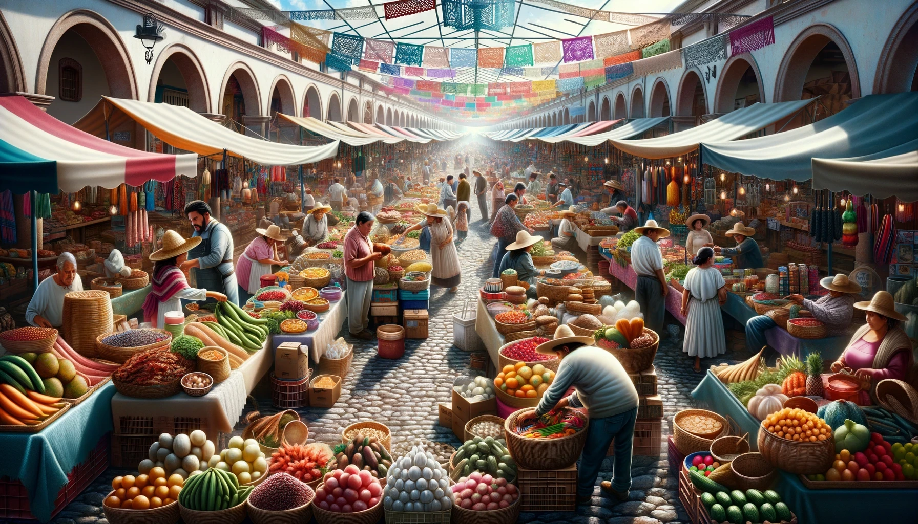 Venue/architecture.

Mercado vibrante en México. Puestos coloridos ofrecen frutas y verduras frescas. Ambiente festivo y cultural en un espacio arquitectónico tradicional.