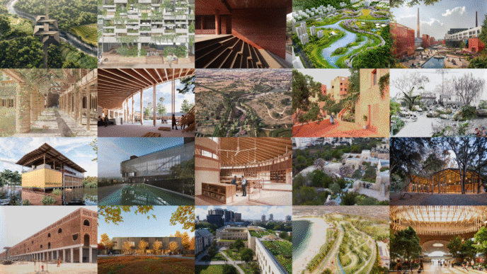 Mosaico de proyectos arquitectónicos premiados, reflejando innovación y diseño sostenible. Arquitectura argentina destacada, Parque Educativo premiado.