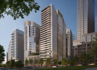 Visualización arquitectónica de un centro de datos Penzance en NoVa, con edificios altos y modernos. Diseño urbano y paisajismo detallado.