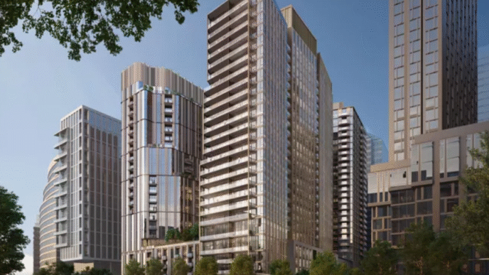 Visualización arquitectónica de un centro de datos Penzance en NoVa, con edificios altos y modernos. Diseño urbano y paisajismo detallado.