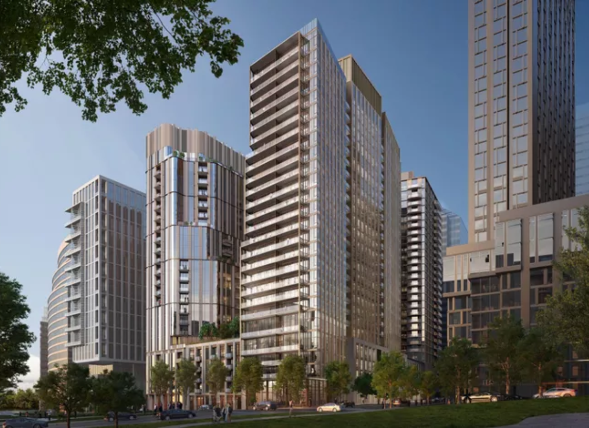 Visualización arquitectónica de un centro de datos Penzance en NoVa, con edificios altos y modernos. Diseño urbano y paisajismo detallado.