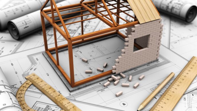 Modelo de casa en construcción sobre planos. Diseño arquitectónico para real estate en Inmobiliare Summits LATAM. Concepto de inversión.