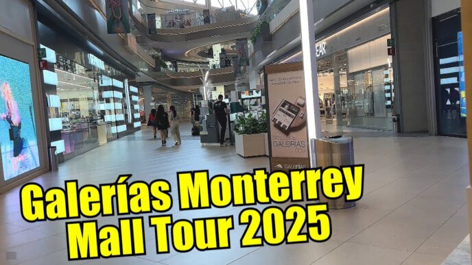 Interior de centro comercial en México, mostrando tiendas y visitantes en Galerías Monterrey. Perspectiva moderna del comercio minorista en 2025.