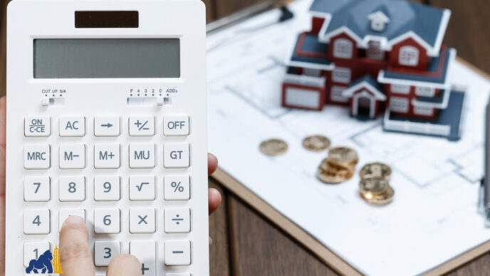 Concepto de inversión inmobiliaria: Calculadora, monedas y modelo de casa. Planificación financiera para comprar o invertir en bienes raíces.