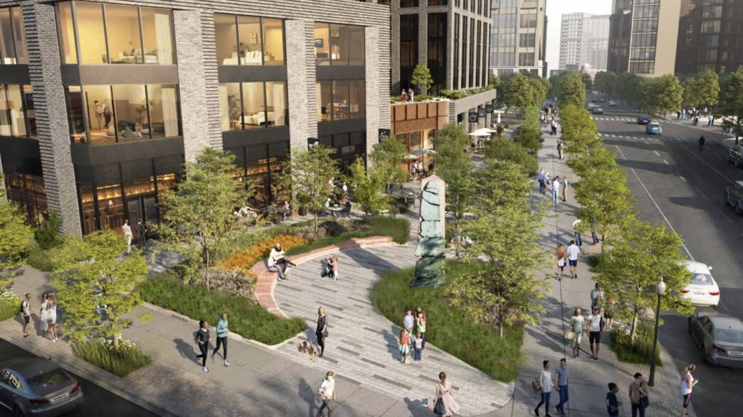 Imagen de un desarrollo inmobiliario sostenible de CrossCountry, con edificios modernos, áreas verdes y personas disfrutando del espacio urbano.