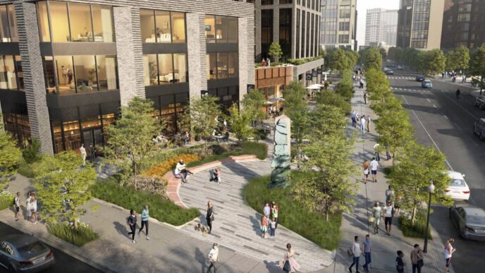 Imagen de un desarrollo inmobiliario sostenible de CrossCountry, con edificios modernos, áreas verdes y personas disfrutando del espacio urbano.