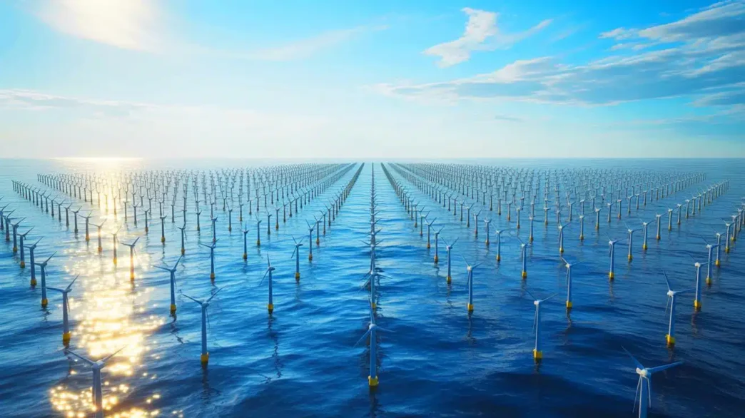 Vasta planta modular de hidrógeno verde en Noruega. Aerogeneradores en el mar generan energía renovable. Innovación para un futuro más sostenible y limpio.