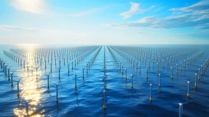 Vasta planta modular de hidrógeno verde en Noruega. Aerogeneradores en el mar generan energía renovable. Innovación para un futuro más sostenible y limpio.