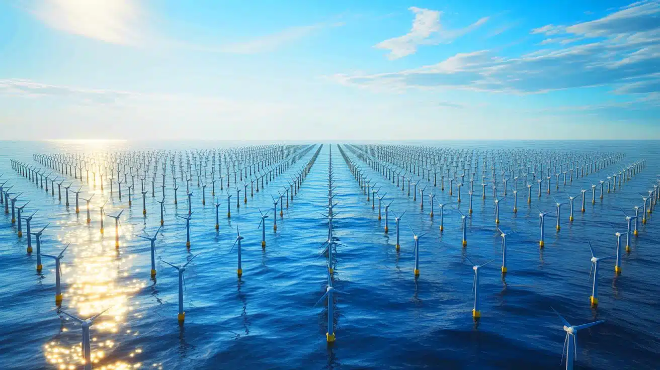 Vasta planta modular de hidrógeno verde en Noruega. Aerogeneradores en el mar generan energía renovable. Innovación para un futuro más sostenible y limpio.