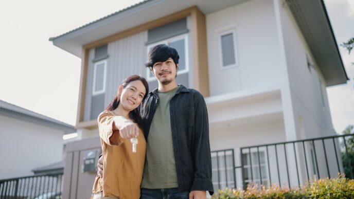 Joven pareja millennial sonriendo frente a su nueva vivienda, mostrando las llaves. Plataformas online facilitan encontrar casa.