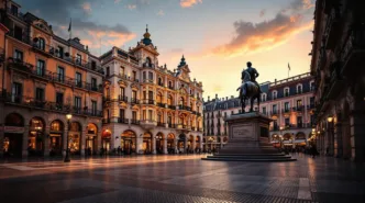 Vista de la Plaza de España en Madrid, reconocida en la XVI Bienal Española, con estatua ecuestre y edificios iluminados al atardecer.