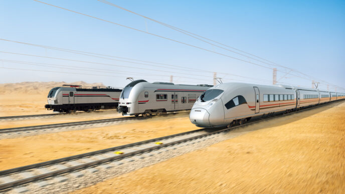 city/destination
Trenes de alta velocidad en el desierto. Transporte moderno y eficiente. Infraestructura urbana.
