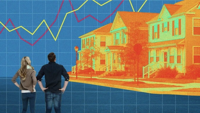 Pareja observa gráficas y casas en Oaxaca. Aumento del 9.1% en el precio de la vivienda en Oaxaca. Inversión inmobiliaria y mercado de bienes raíces.