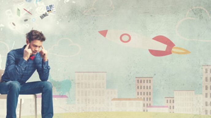 Abstracto: Hombre pensando con cohete. Concepto de innovación en el sector inmobiliario, buscando soluciones creativas en LATAM.