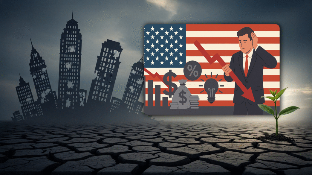 Ilustración del mercado inmobiliario en EEUU con descenso en ventas. Hombre preocupado y flecha roja apuntan a crisis. Recuperación en el sector.